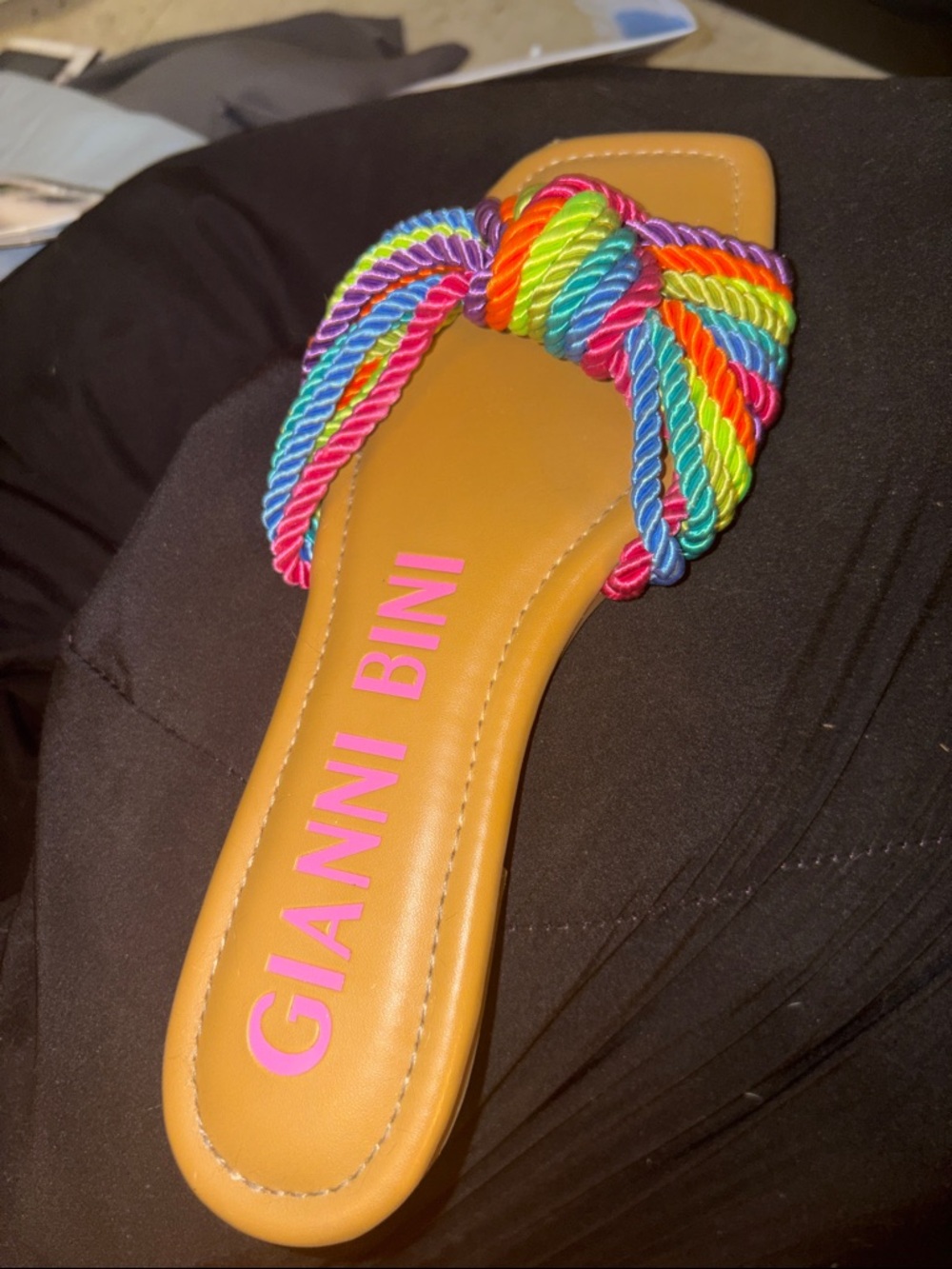 Gianni Bini Tan Slides with Multicolor Knotted Rope Straps - Picture 3 of 3